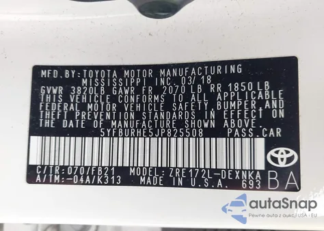 2018 Toyota Corolla Le из США, поврежденный, VIN 5YFBURHE5JP825508